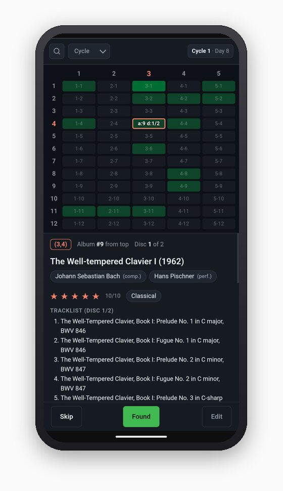 Cupboard app on a phone: 5×12 listen heatmap with one cell selected, showing The Well-Tempered Clavier album.