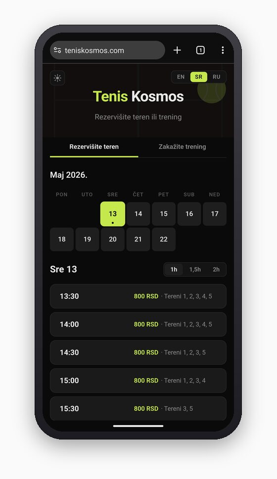 Tennis Cosmos booking page on a phone, with a day selected and available time slots listed.